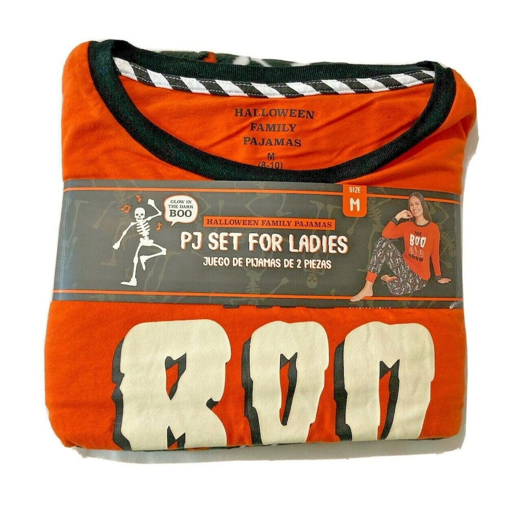 Halloween PJ set Ladies M (8-10) Glow Dark Boo Crew Shirt Matching Pants PJs